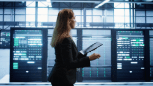 women standing server room