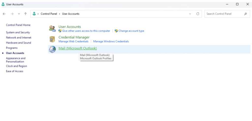 select mail or microsoft outlook from control panel
